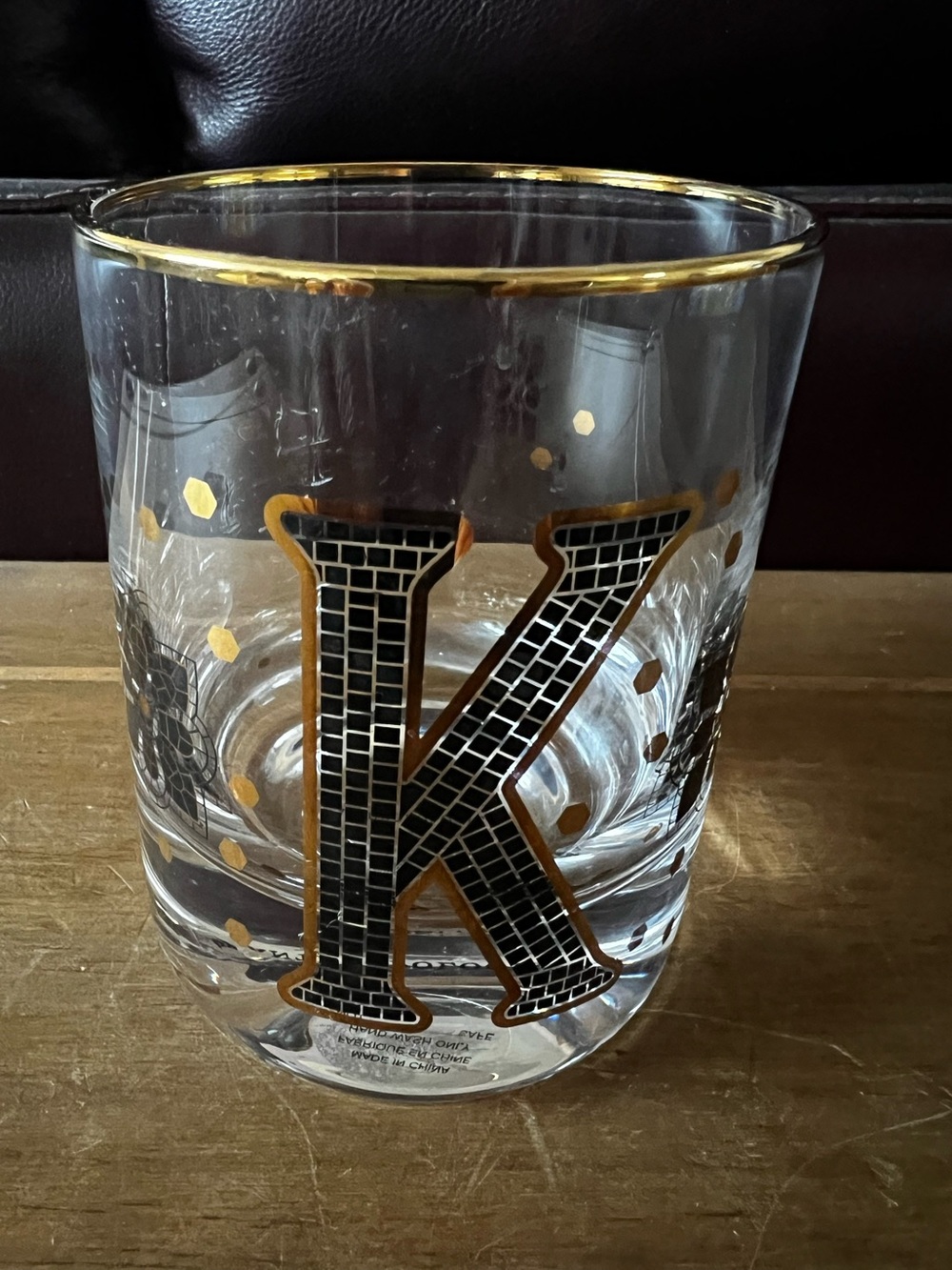 Anthropologie Bistro tile old fashioned “K” Monogram glass with gold rim.
